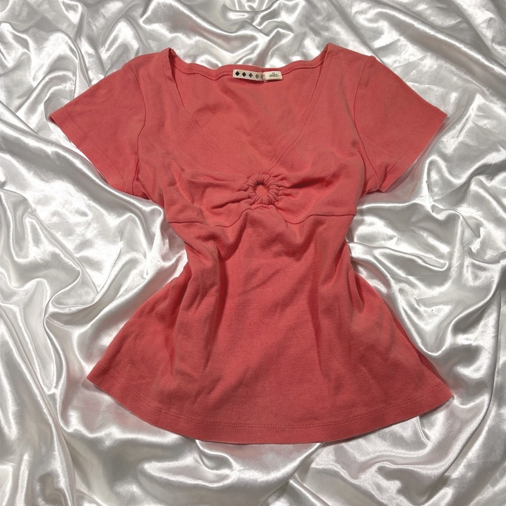 y2k Short Sleeve Top Coral Pink Excellent O-Ring Ruched V-Neck Ribbed Tee